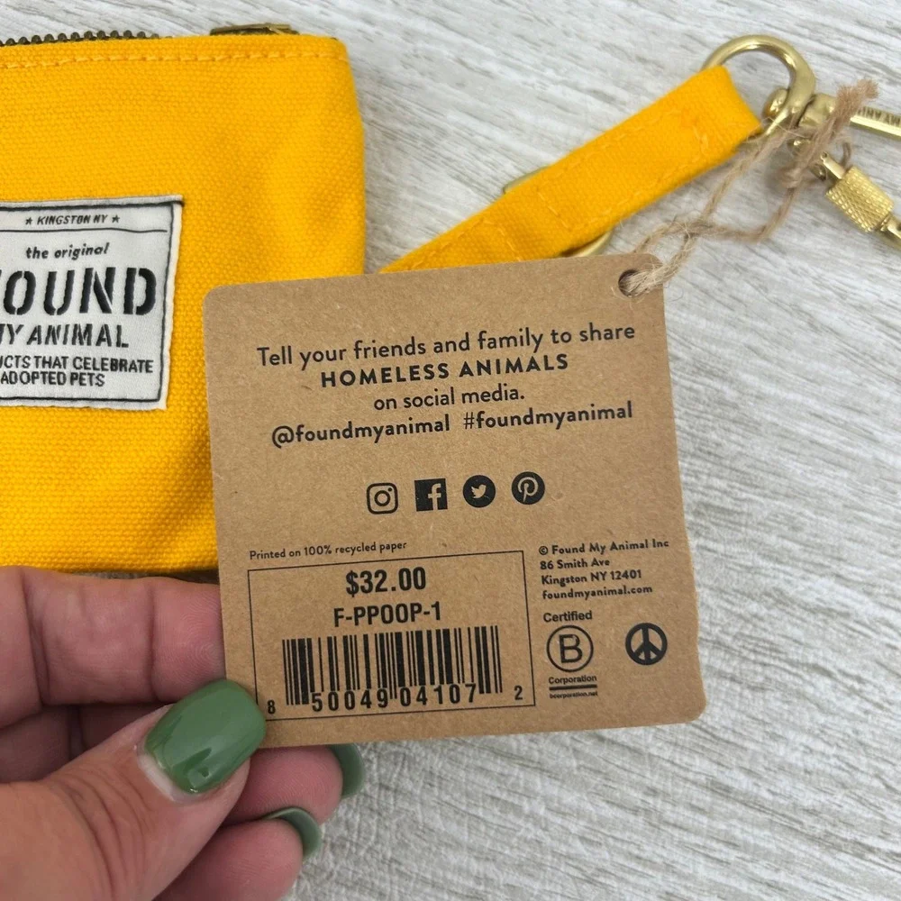 Found My Animal Yellow Canvas Dog Poop Bag Dispenser Pouch Keychain‎ New